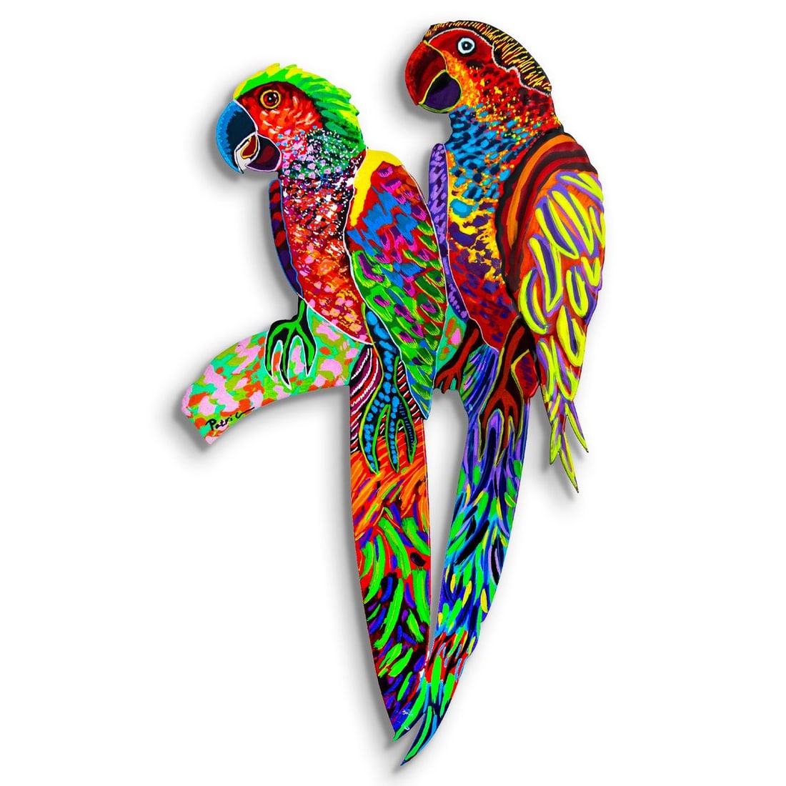 Patricia Govezensky- Original Painting on Laser Cut Steel "Two Parrots": Artist: Patricia Govezensky. Medium: Original Painting on Laser Cut Steel. Title: Two Parrots. Size: 18" x 10". Signature: Hand Signed by the artist. Certificate of Authenticity: Is included.