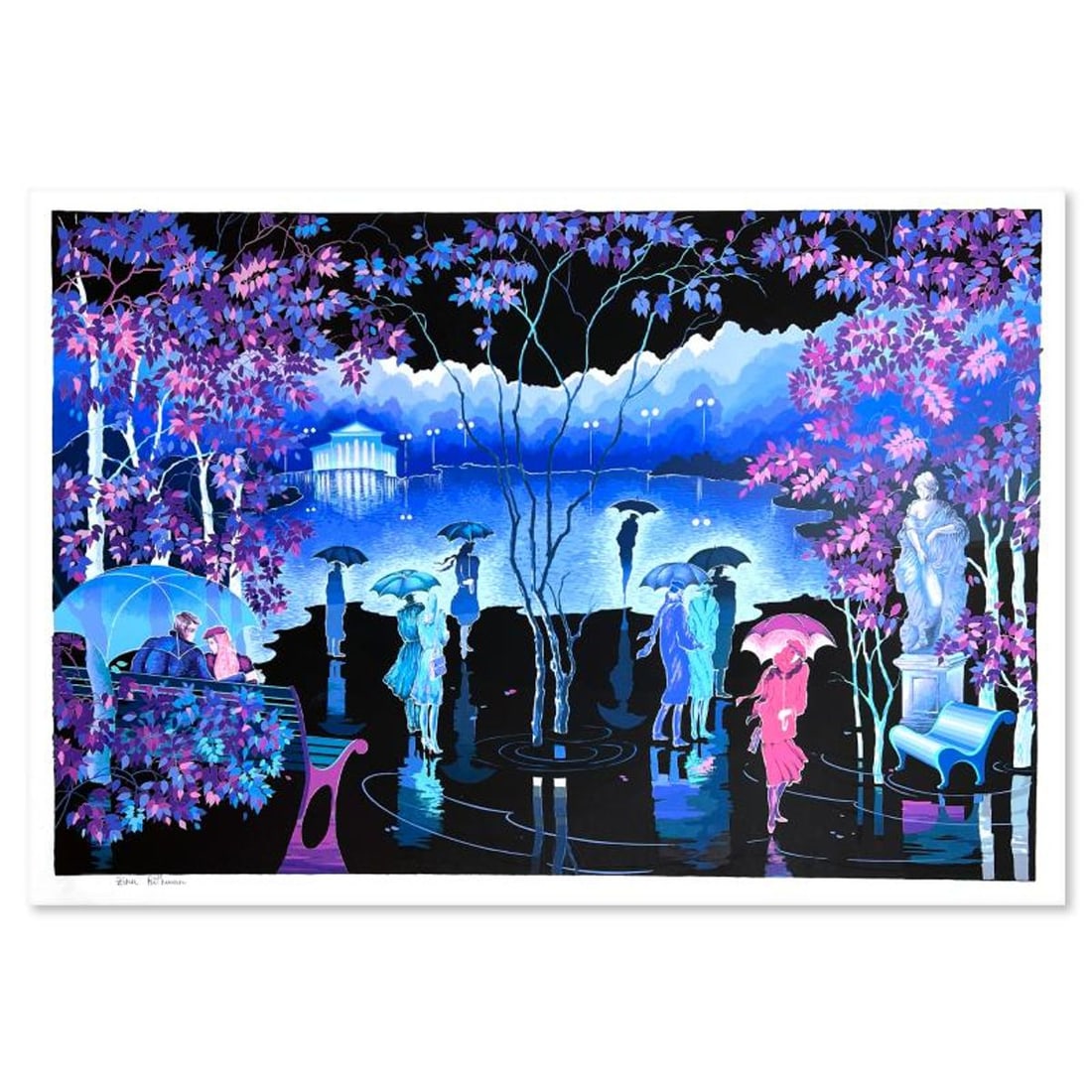 Zina Roitman, "Rainy Night" Limited Edition Serigraph, Hand Signed and Numbered, Letter of: Rainy Night is a limited edition serigraph on paper by Zina Roitman. The piece comes hand signed by the artist, numbered, and with a letter of authenticity. Measures approximately 25.5" x 38".