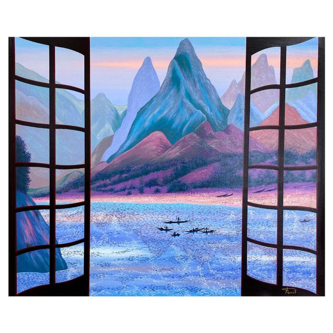 Fanch Ledan, "Mystic Mountains" Limited Edition Serigraph on Canvas, AP Numbered Inverso and Hand: Mystic Mountains is a limited edition serigraph on canvas by Fanch, AP numbered inverso and hand signed by the artist. Includes Letter of Authenticity. Measures approx. 23" x 27" (image). This proof