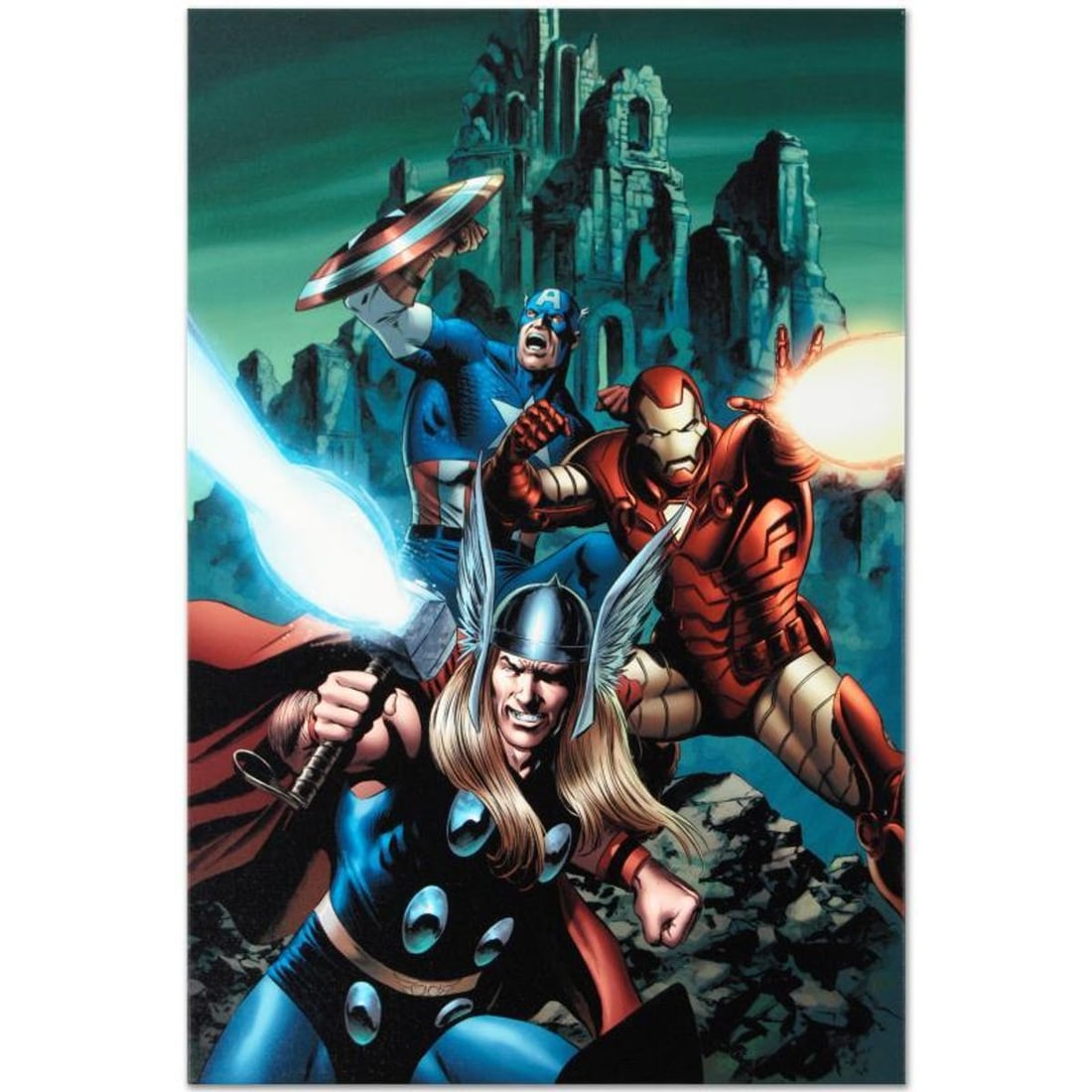 Marvel Comics "Thor #81" Numbered Limited Edition Giclee on Canvas by Steve Epting with COA.: A piece of comic book history, this limited edition, from original art by Steve Epting, depicts the heroic Thor, Iron Man, and Captain America. Steve Epting began working with Marvel Comics in the ear