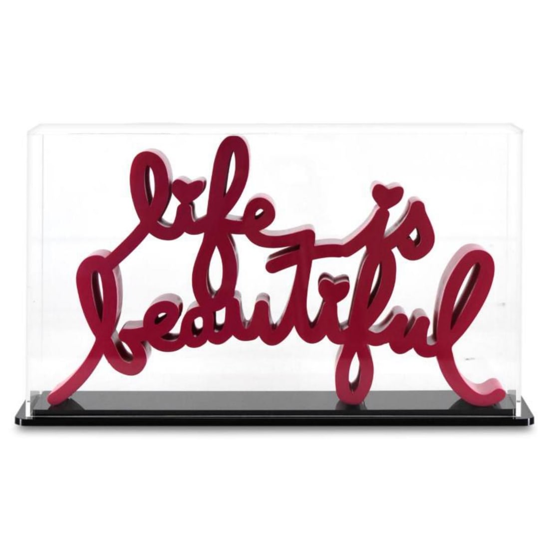 Mr. Brainwash- Resin Sculpture with Display Case "Life is Beautiful (Neon Pink)": Artist: Mr. Brainwash. Medium: Resin Sculpture with Display Case. Title: Life is Beautiful (Neon Pink). Size: 7" x 12". Signature: Hand Signed and Numbered by the artist. Certificate of Authenticity: