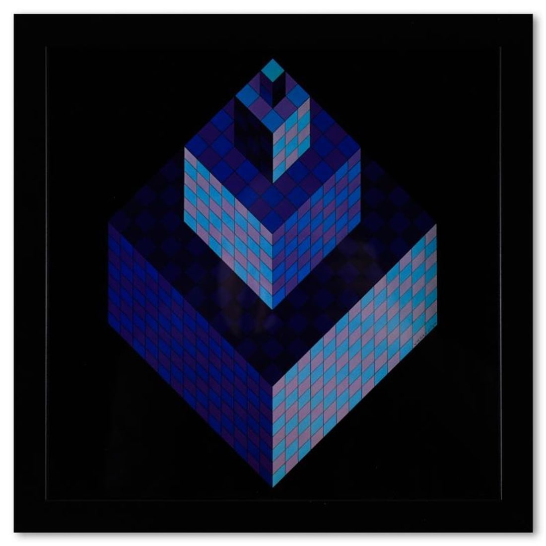 Victor Vasarely (1908-1997), "Axo - New York de la serie Structures Universelles De L'Hexagone": Axo - New York de la serie Structures Universelles De L'Hexagone is a heliogravure print on paper, published in 1975, by Victor Vasarely (1908-1997). This piece comes custom framed, with a letter of a