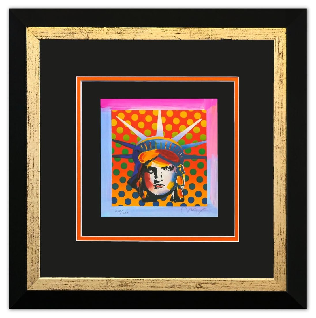 Peter Max- Original Lithograph "Liberty Head": Artist: Peter Max. Medium: Original Lithograph. Title: Liberty Head. Size: 7" x 7". Measures approx. 18" x 18" (framed). Signature: Hand Signed and Numbered by the artist. Certificate of Authenticity: