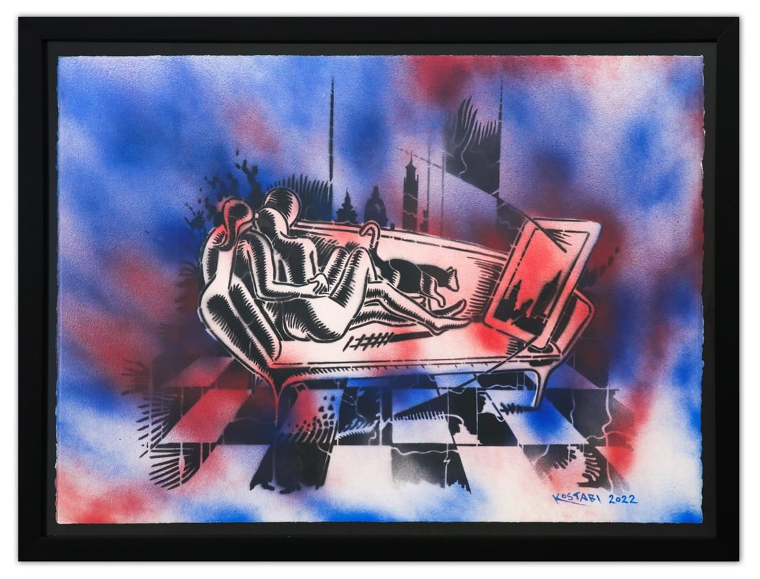 Mark Kostabi- Original Mixed Media on Paper "New Dimensions": Artist: Mark Kostabi. Medium: Original Mixed Media on Paper. Title: New Dimensions. Size: 30" x 42". Measures approx. 35" x 47" (framed). Signature: Hand Signed by the artist. Certificate of Authentic