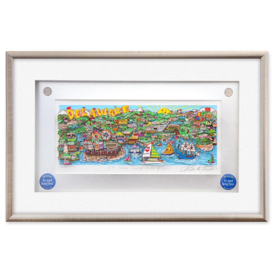 Charles Fazzino- 3D Construction Silkscreen Serigraph "It Takes Courage to be First !": Artist: Charles Fazzino. Medium: 3D Construction Silkscreen Serigraph. Title: It Takes Courage to be First !. Size: 8" x 18". Measures approx. 18" x 29" (framed). Signature: Hand Signed and numbered.