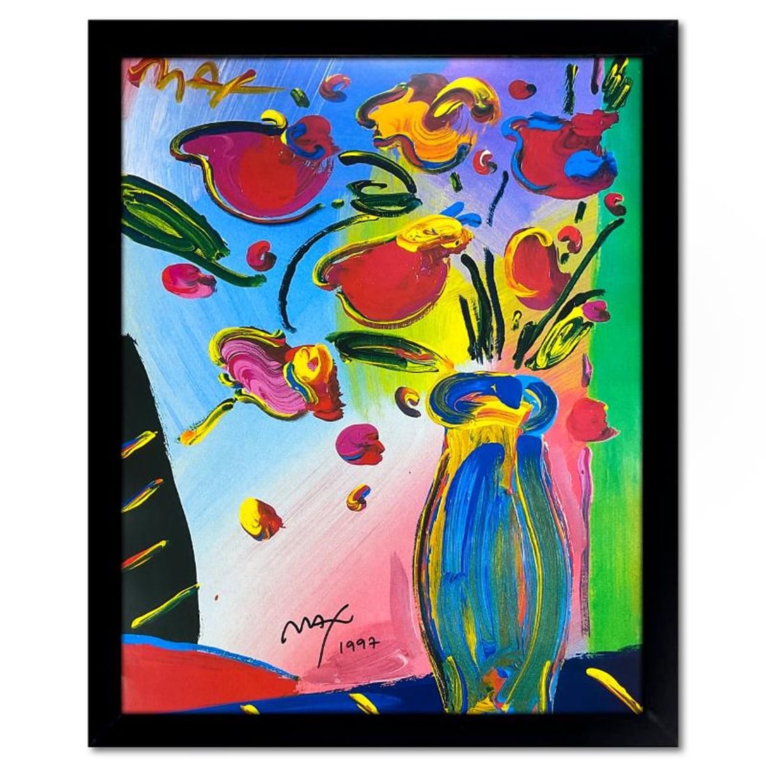 Peter Max, "Faciliti-Link-Flowers" Framed Hand Signed Offset Lithograph with Letter of Authenticity.: Faciliti-Link-Flowers is an offset lithograph on paper by Peter Max, hand signed by the artist. This piece comes custom framed. Includes Letter of Authenticity. Measures approx. 26.5" x 22" (frame), 2