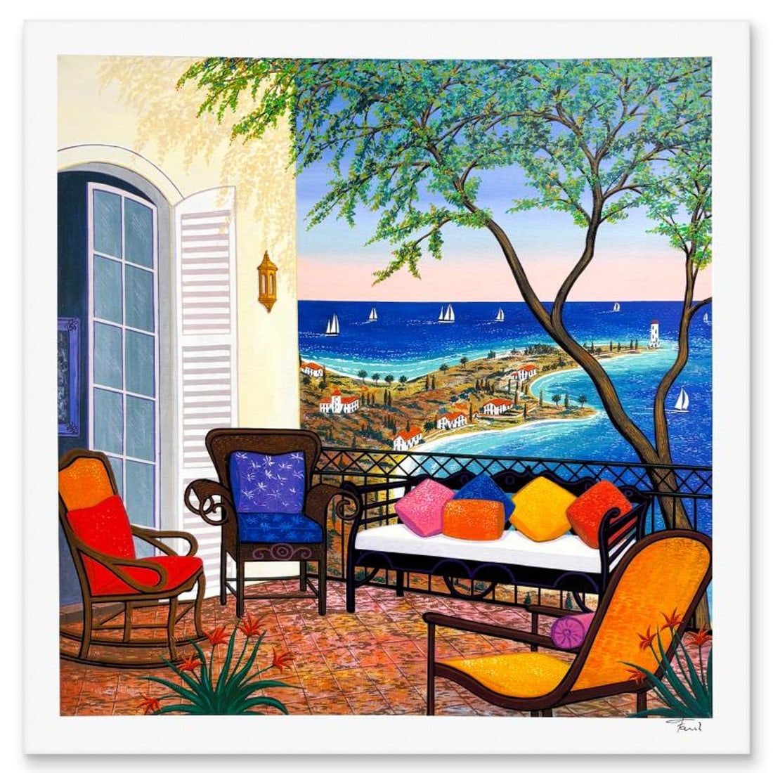 Fanch Ledan, "View of Cape Ferrat" Limited Edition Serigraph, AP Numbered and Hand Signed with: View of Cape Ferrat is a limited edition serigraph on paper by Fanch Ledan, AP numbered and hand signed by the artist. Includes Letter of Authenticity. Measures approx. 19.5" x 19.5" (border), 17.5"