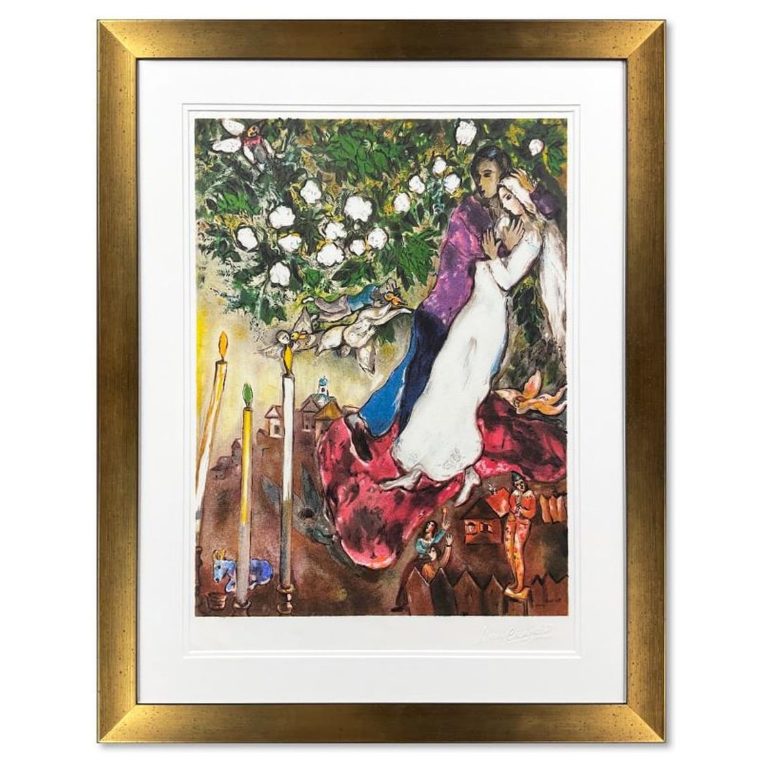 Marc Chagall (1887-1985), "Les Trois Cierges" Framed Limited Edition Lithograph with Letter of: Les Trois Cierges is a framed limited edition lithograph on paper by Marc Chagall (1887-1985) authorized by the Chagall Estate and ADAGP Paris. The piece is plate signed and comes with a letter of aut