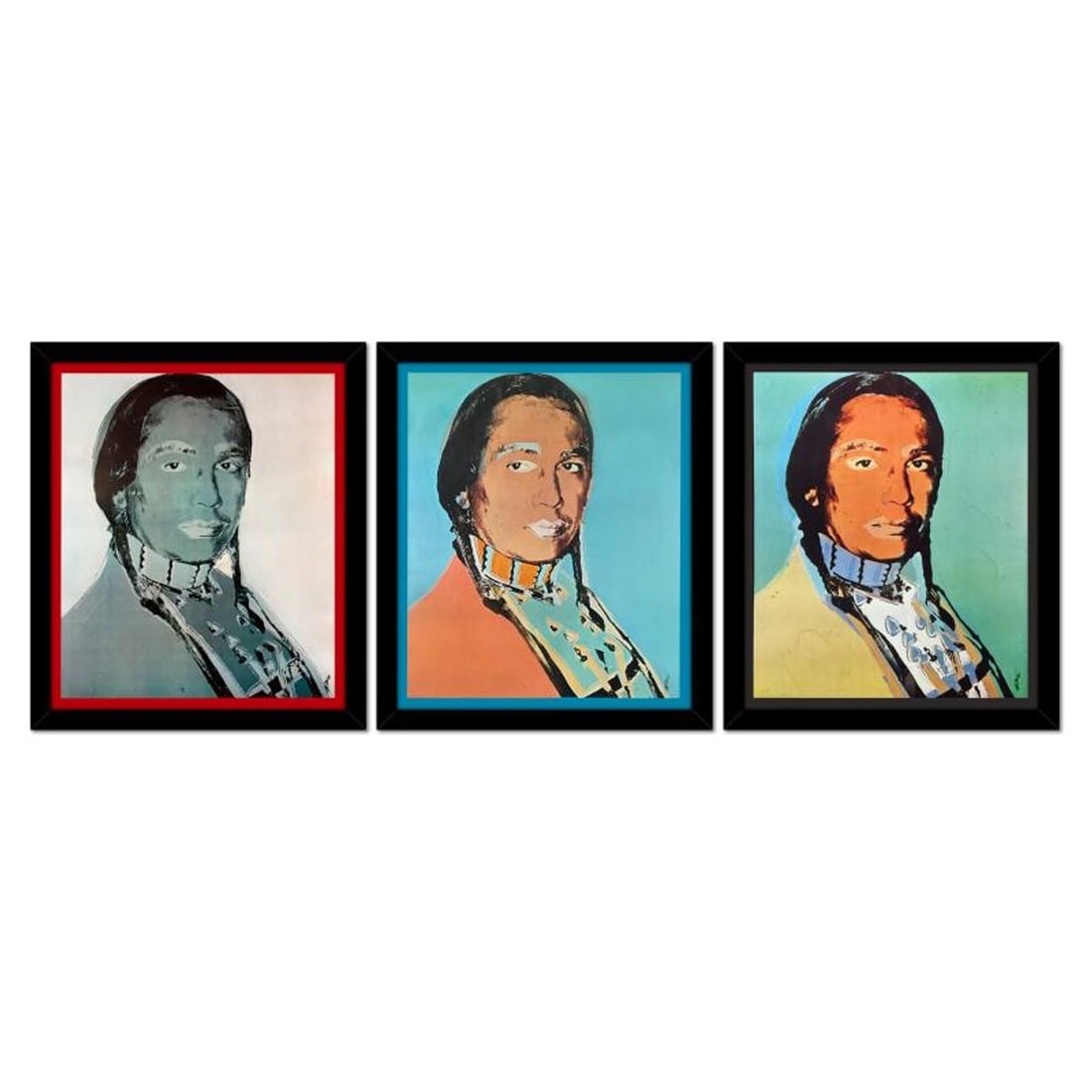 Andy Warhol (1928-1987), "The American Indian Series 3 Piece Set (Red 1976, Blue 1977 & Black 1976)": The American Indian Series (Red 1976, Blue 1977 & Black 1976) is a 3 piece set of vintage lithographs by Andy Warhol (1928-1987) cropped from the Ace Gallery posters. Theses pieces come custom framed.