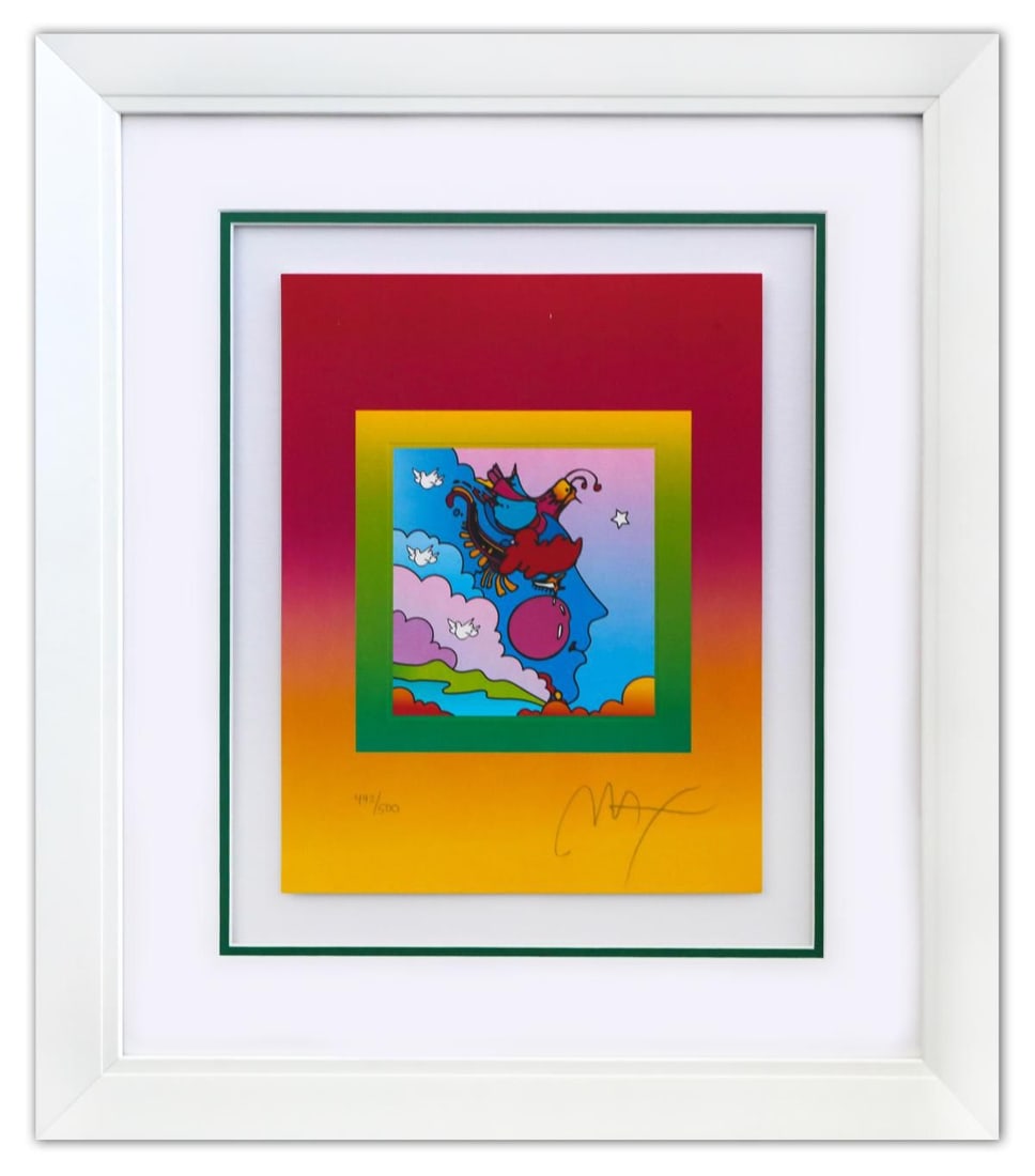 Peter Max- Original Lithograph "Woodstock Profile on Blends": Artist: Peter Max. Medium: Original Lithograph. Title: Woodstock Profile on Blends. Size: 13" x 10". Measures approx. 23" x 20" (framed). Signature: Hand Signed and Numbered by the artist. Certificate