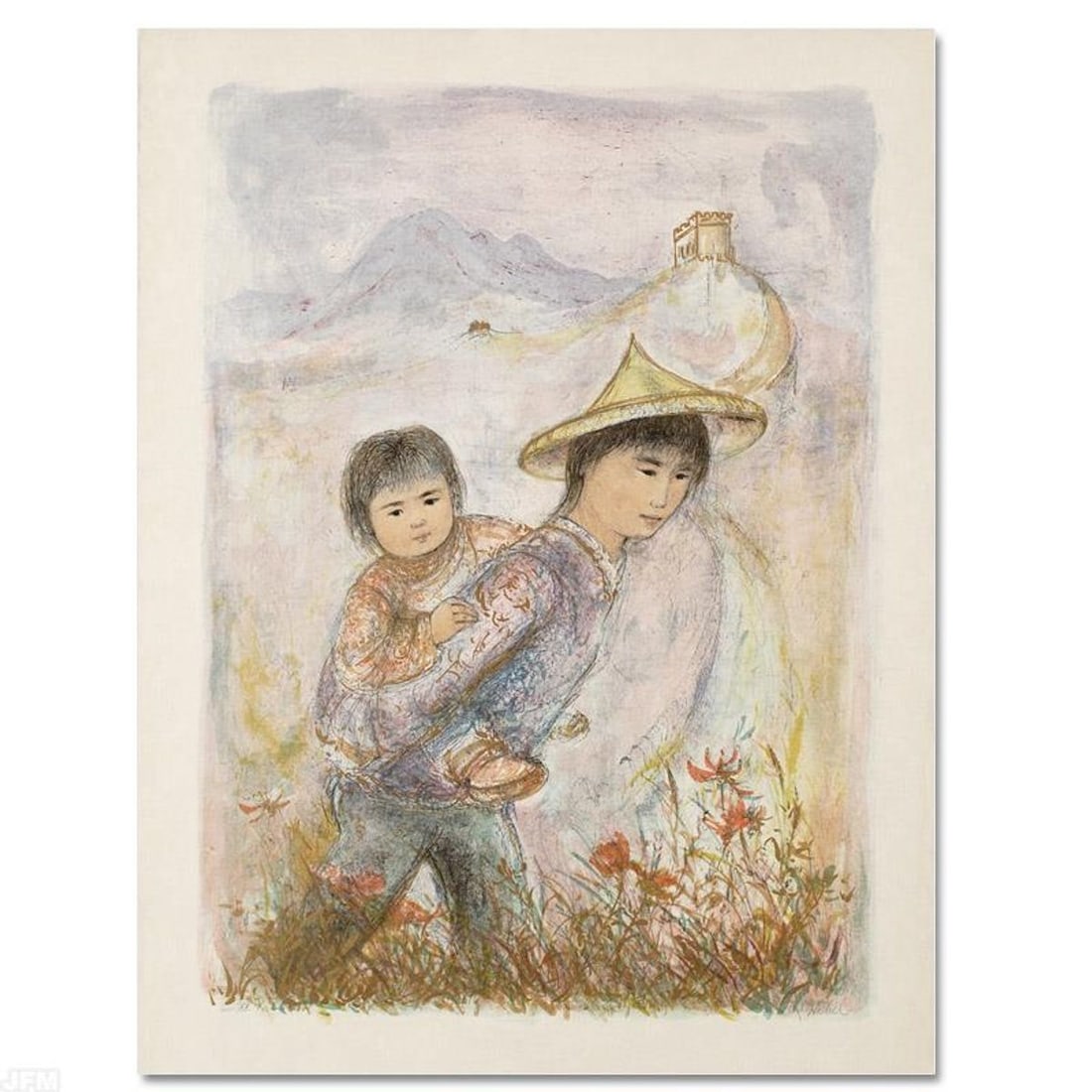 The Great Wall Limited Edition Lithograph by Edna Hibel (1917-2014), Numbered and Hand Signed with: The Great Wall is a limited edition lithograph on rice paper, numbered and hand signed by Edna Hibel (1917-2014). Includes Certificate of Authenticity! Measures approx. 22" x 30" (with border), 19" x 