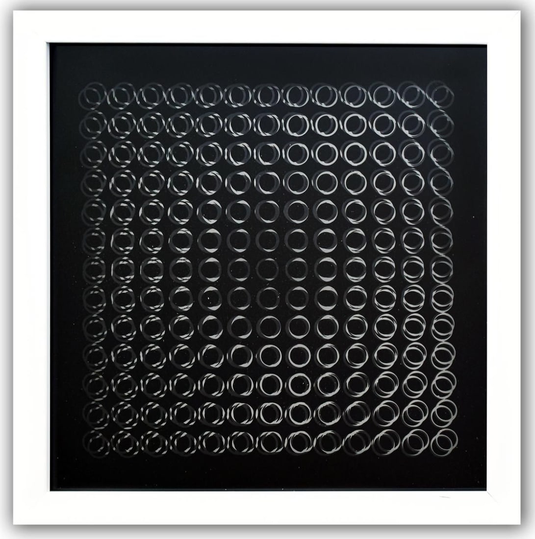 Victor Vasarely- 3D Wall Sculpture/object "Cinetiques": Artist: Victor Vasarely. Medium: 3D Wall Sculpture/object. Title: Cinetiques. Size: 10" x 10". Measures approx. 12" x 12" (framed). Additional: Custom Framed. 2 layers- Top layer printed on clear Luci