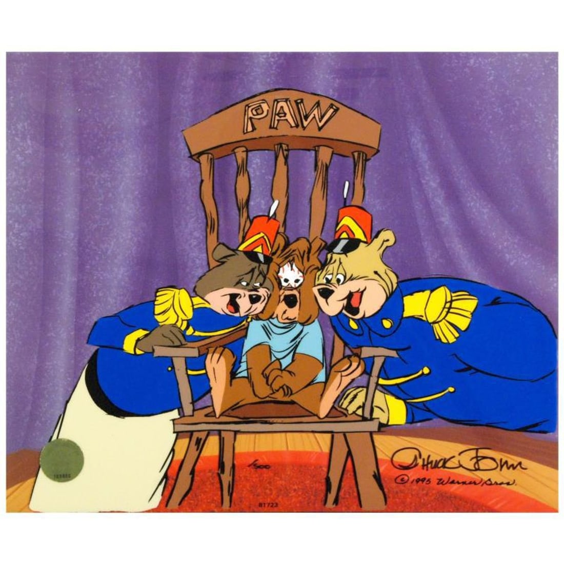 Bear For Punishment Limited Edition Animation Cel with Hand Painted Color, Numbered and Hand Signed: Own this amazing piece based on the original line image hand drawn and hand-inked on paper by Mr. Jones! "Bear For Punishment" is a sold out limited edition animation cel with hand painted coloring