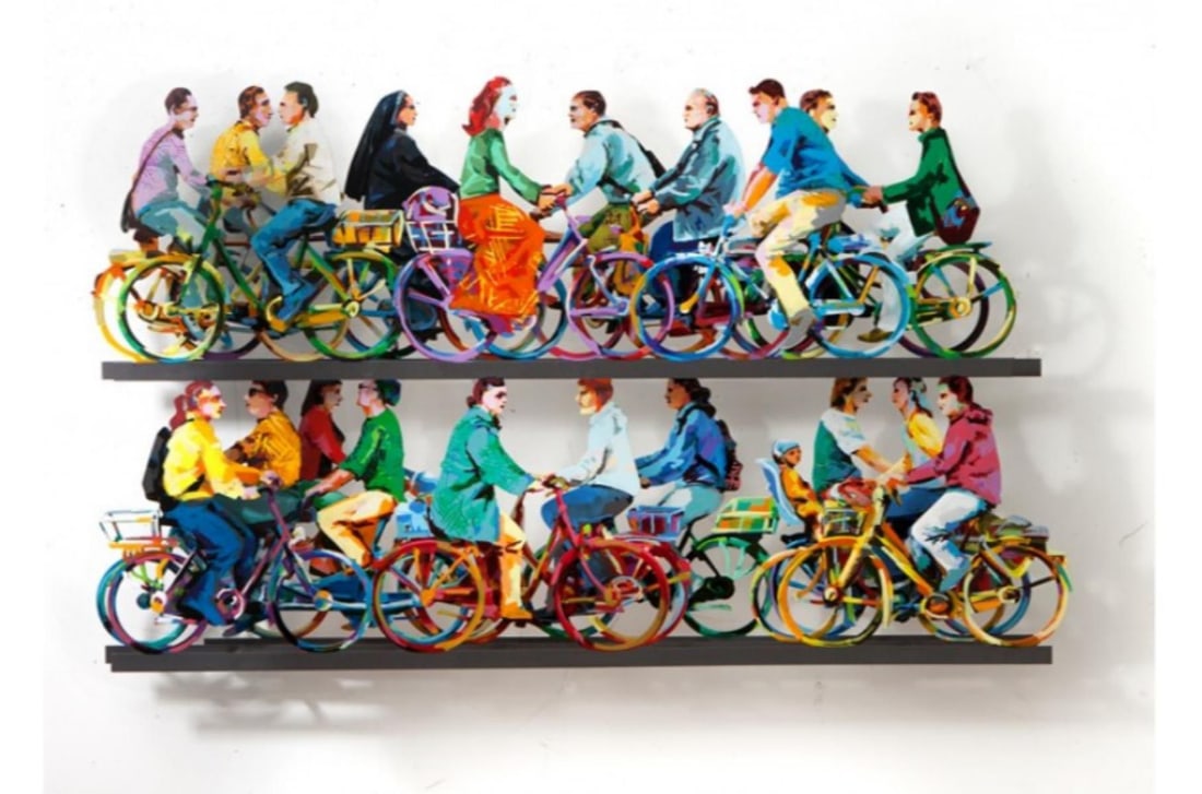David Gerstein- Mixed Media Cutout Aluminum "City Riders B": Artist: David Gerstein. Medium: Mixed Media Cutout Aluminum. Title: City Riders B. Size: 47" x 28". Signature: Signed and numbered. Certificate of Authenticity: Is included. Additional: Limited