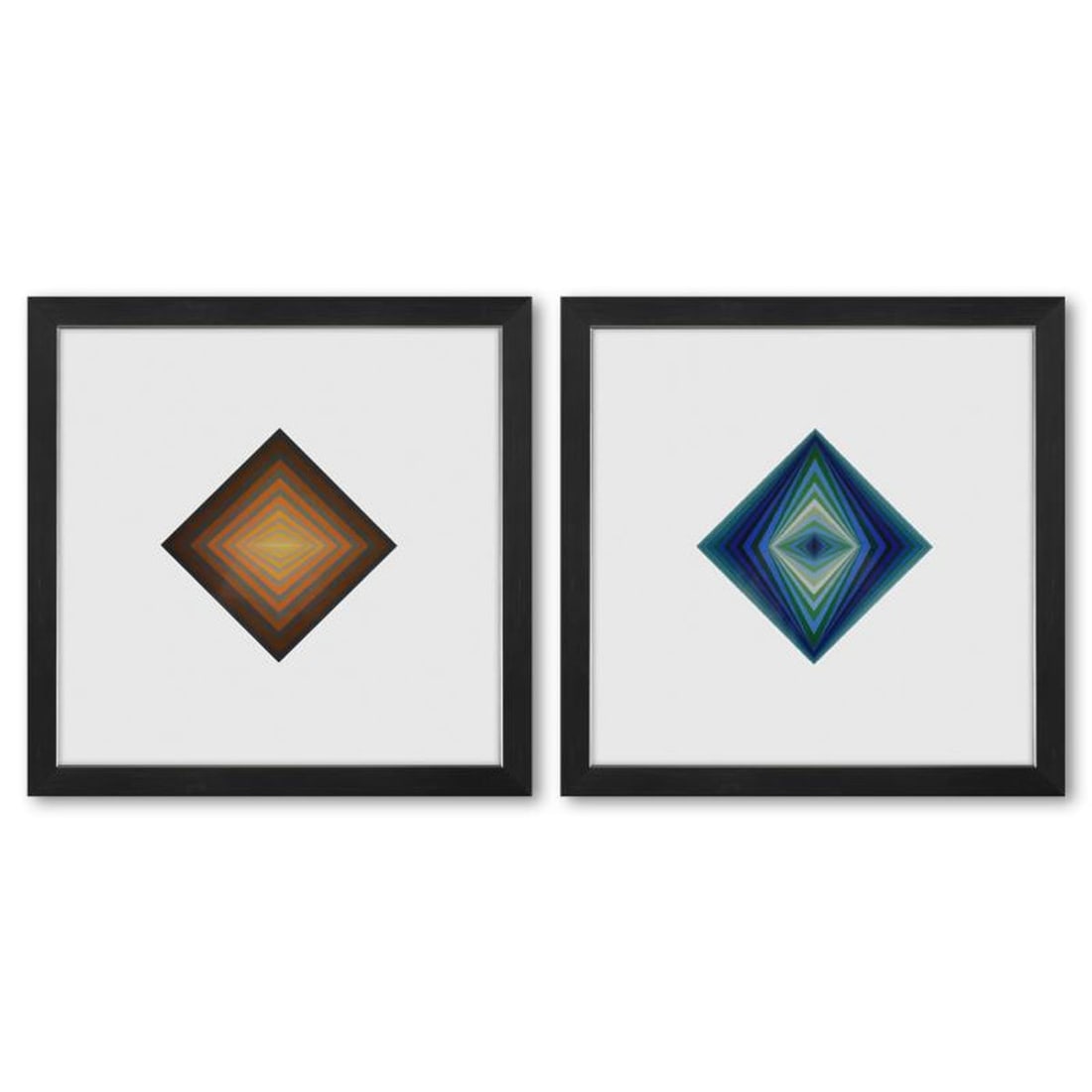 Victor Vasarely (1908-1997), "Rhombus - C et Rhombus de la serie Vonal (Diptych)" Framed 1971: Rhombus - C et Rhombus de la serie Vonal (Diptych) is a set of heliogravure prints on paper, published in 1971, by Victor Vasarely (1908-1997). These pieces come custom framed, with a letter of authen