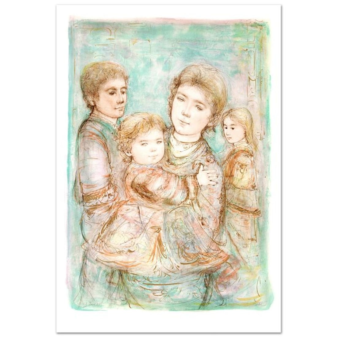 Portrait of a Family Limited Edition Lithograph (28" x 40.5") by Edna Hibel (1917-2014), Numbered: Portrait of a Family is a limited edition lithograph on paper, numbered and hand signed by Edna Hibel (1917-2014). Includes Certificate of Authenticity! Measures approx. 31.5" x 44" (with border),