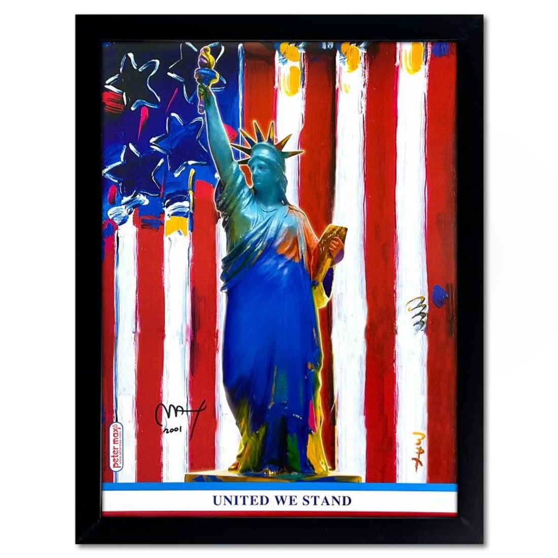 Peter Max, "9-11 United We Stand" Framed Hand Signed Offset Lithograph with Letter of Authenticity.: 9-11 United We Stand is an offset lithograph on paper by Peter Max, hand signed by the artist. This piece comes custom framed. Includes Letter of Authenticity. Measures approx. 28" x 22" (frame), 24"
