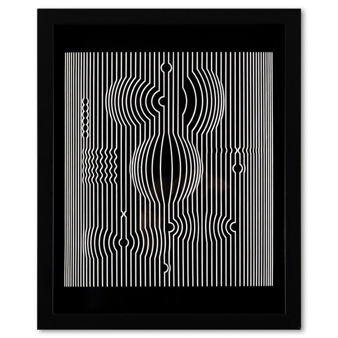 Victor Vasarely (1908-1997), "Manipur de la serie Ondulatoires" Framed 1973 Heliogravure Print with: Manipur de la serie Ondulatoires is a heliogravure print on paper, published in 1973, by Victor Vasarely (1908-1997). This piece comes custom framed, with a letter of authenticity and with a 1976 Vasa