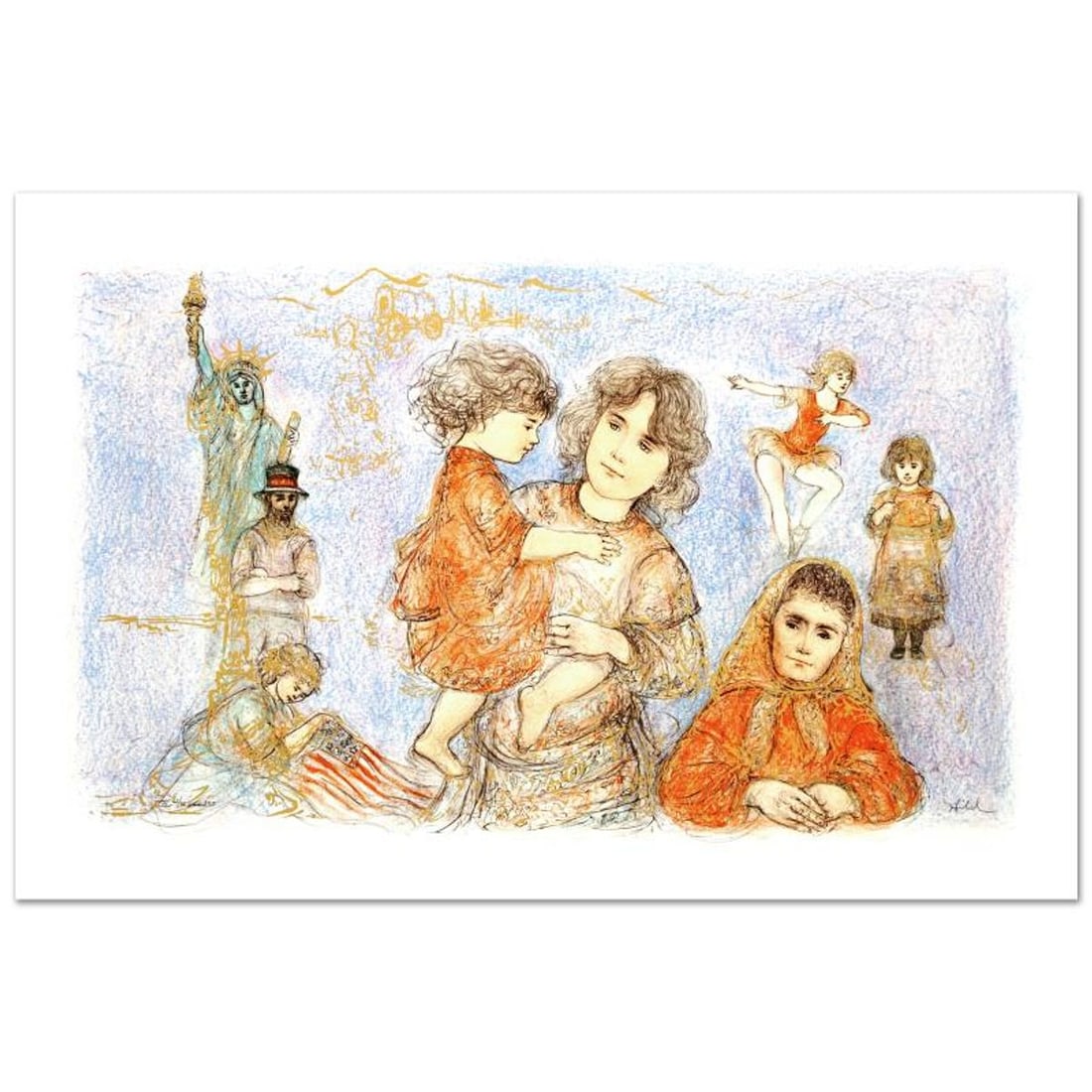 Our Mother Before Us Limited Edition Lithograph (36" x 21") by Edna Hibel (1917-2014), Numbered and: Our Mother Before Us is a limited edition lithograph on paper, numbered and hand signed by Edna Hibel (1917-2014). Includes Certificate of Authenticity! Measures approx. 40" x 26" (with border), 36" x