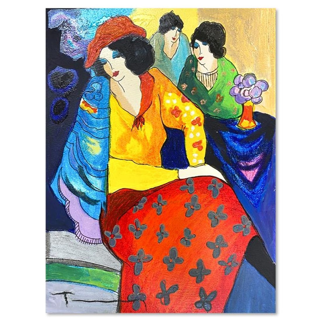 Itzchak Tarkay (1935-2012), "Blue Mood" One-of-a-Kind Mixed Media Over Paint on Wood, Hand Signed (1 of 2)