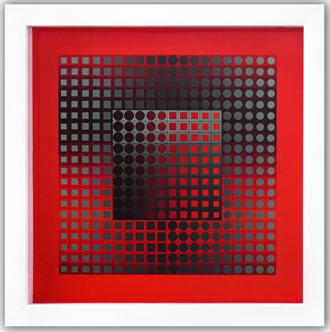 Victor Vasarely- Heliogravure Print "Zett - RG": Artist: Victor Vasarely. Medium: Heliogravure Print. Title: Zett - RG. Size: 10" x 10". Measures approx. 12" x 12" (framed). Additional: Custom Framed , 1971. Reference#: 21364.