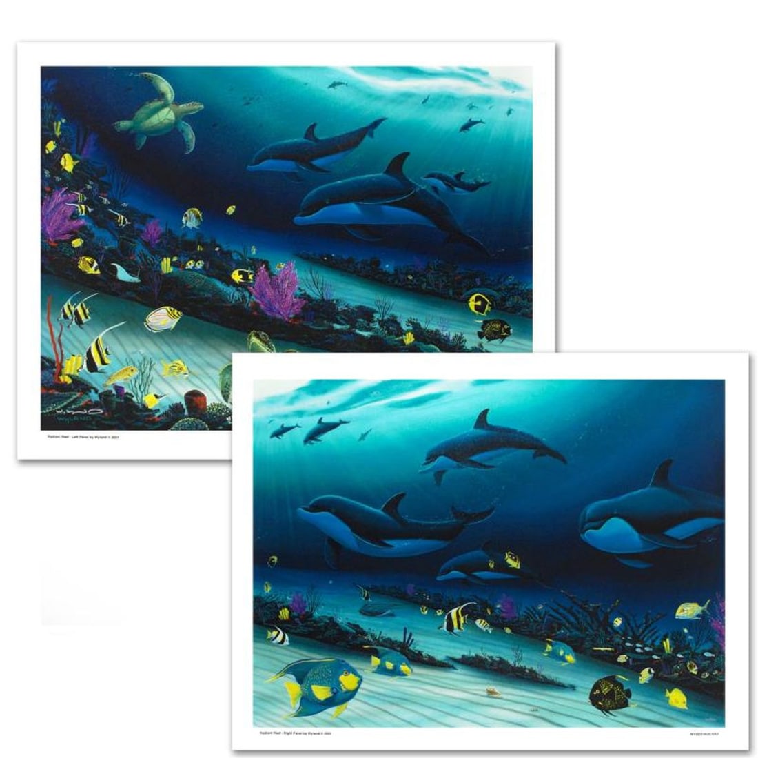 Radiant Reef Limited Edition Giclee Diptych on Canvas by Wyland, Numbered and Hand Signed with: Wyland is renowned internationally for his incredible depictions of life under the sea. Full of careful details and vibrant colors, his work is collected all over the world. "Radiant Reef" is a limite