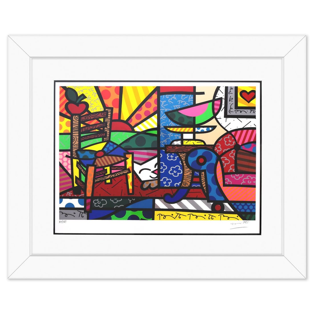 Romero Britto- Serigraph "Squeaki Van Britto": Artist: Romero Britto. Medium: Serigraph. Title: Squeaki Van Britto. Size: 18" x 25". Measures approx. 29" x 36" (framed). Signature: Hand signed and numbered. Certificate of Authenticity: Is included