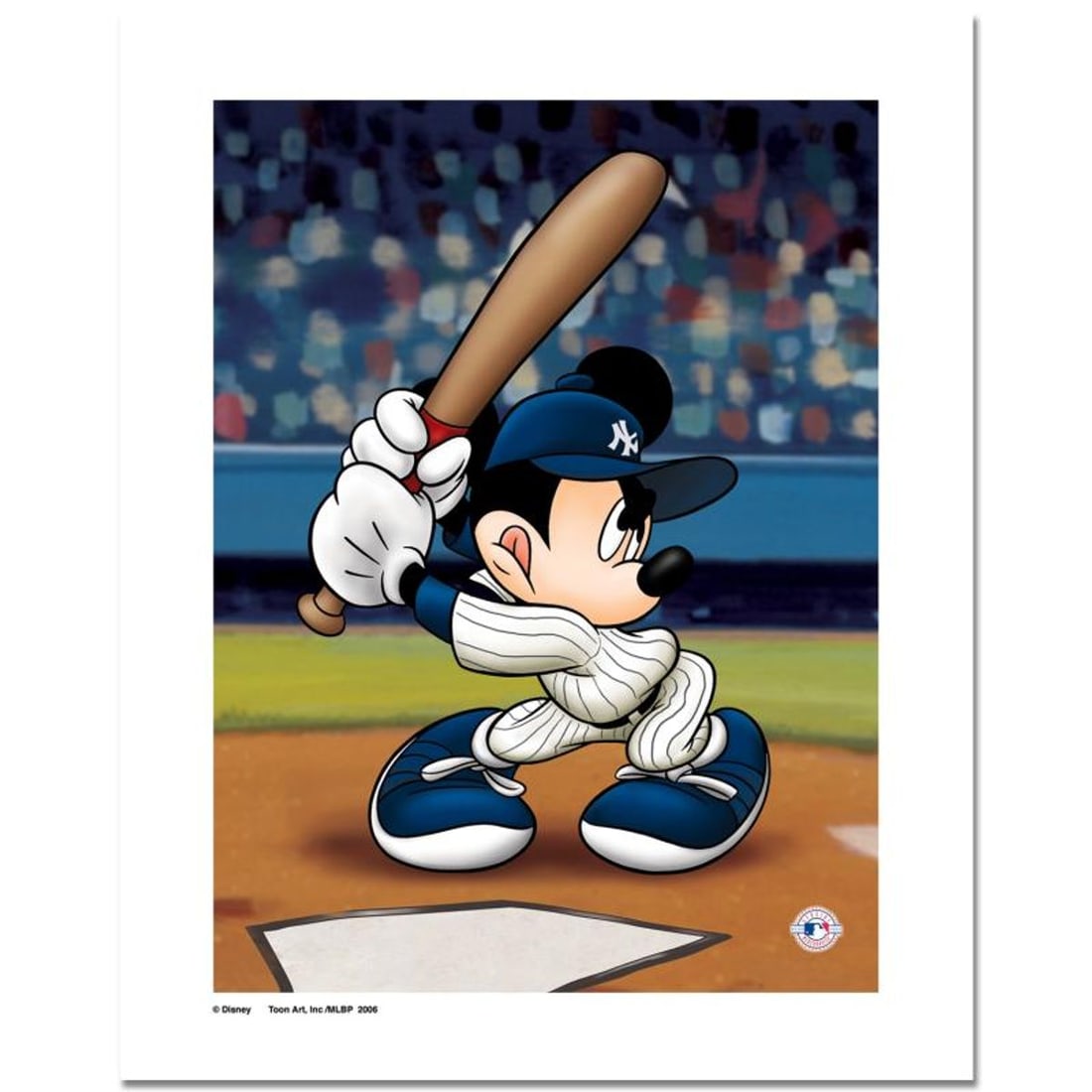 Mickey at the Plate (Yankees) Numbered Limited Edition Giclee licensed by Disney with Certificate of: Mickey at the Plate (Yankees) is a limited edition giclee on paper licensed by Disney featuring Mickey Mouse in New York Yankees MLB uniform. It comes numbered and with a Certificate of Authenticity!