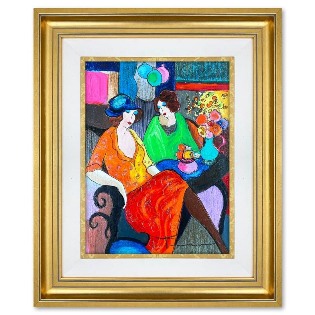 Itzchak Tarkay (1935-2012), "Chit Chat" Framed One-of-a-Kind Mixed Media Over Paint on Wood, Hand: Chit Chat is a one-of-a-kind mixed media over paint on wood by Itzchak Tarkay (1935-2012), hand signed by the artist. This piece comes custom framed. Includes Letter of Authenticity. Measures approx. 