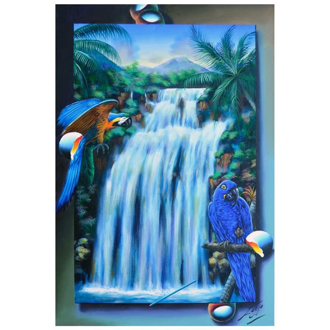 Ferjo, "Brazilian Waterfall" Original Painting on Canvas, Hand Signed with Letter of Authenticity.: Brazilian Waterfall is an original painting, oil on stretched canvas, by Ferjo. Hand signed by the artist, this piece comes with a letter of authenticity. Measures approx. 36" x 24" (image).