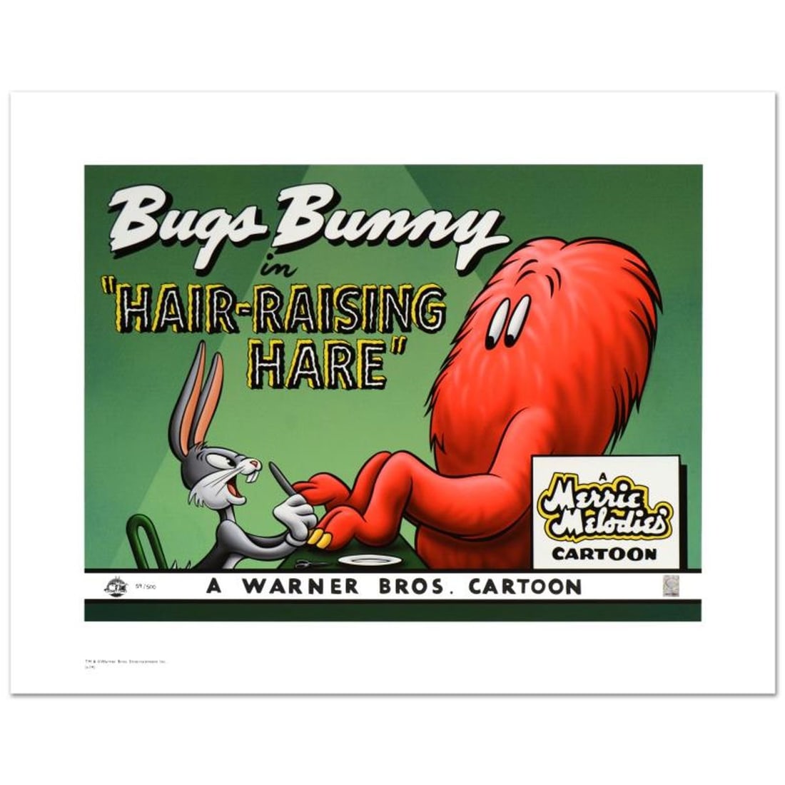 Hair Raising Hare Limited Edition Giclee from Warner Bros., Numbered with Hologram Seal and: Hair Raising Hare is a limited edition giclee on paper from Warner Bros., numbered with hologram seal of Authenticity. This image was originally used as a "lobby card" displayed in theater lobbies to 