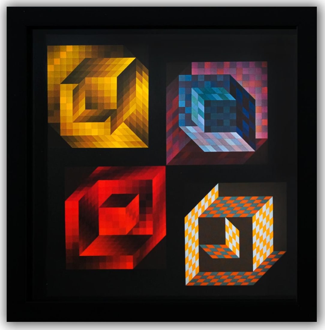 Victor Vasarely- Heliogravure Print "Axo": Artist: Victor Vasarely. Medium: Heliogravure Print. Title: Axo. Size: 10" x 10". Measures approx. 12" x 12" (framed). Additional: Custom Framed , 1971. Reference#: 21399.