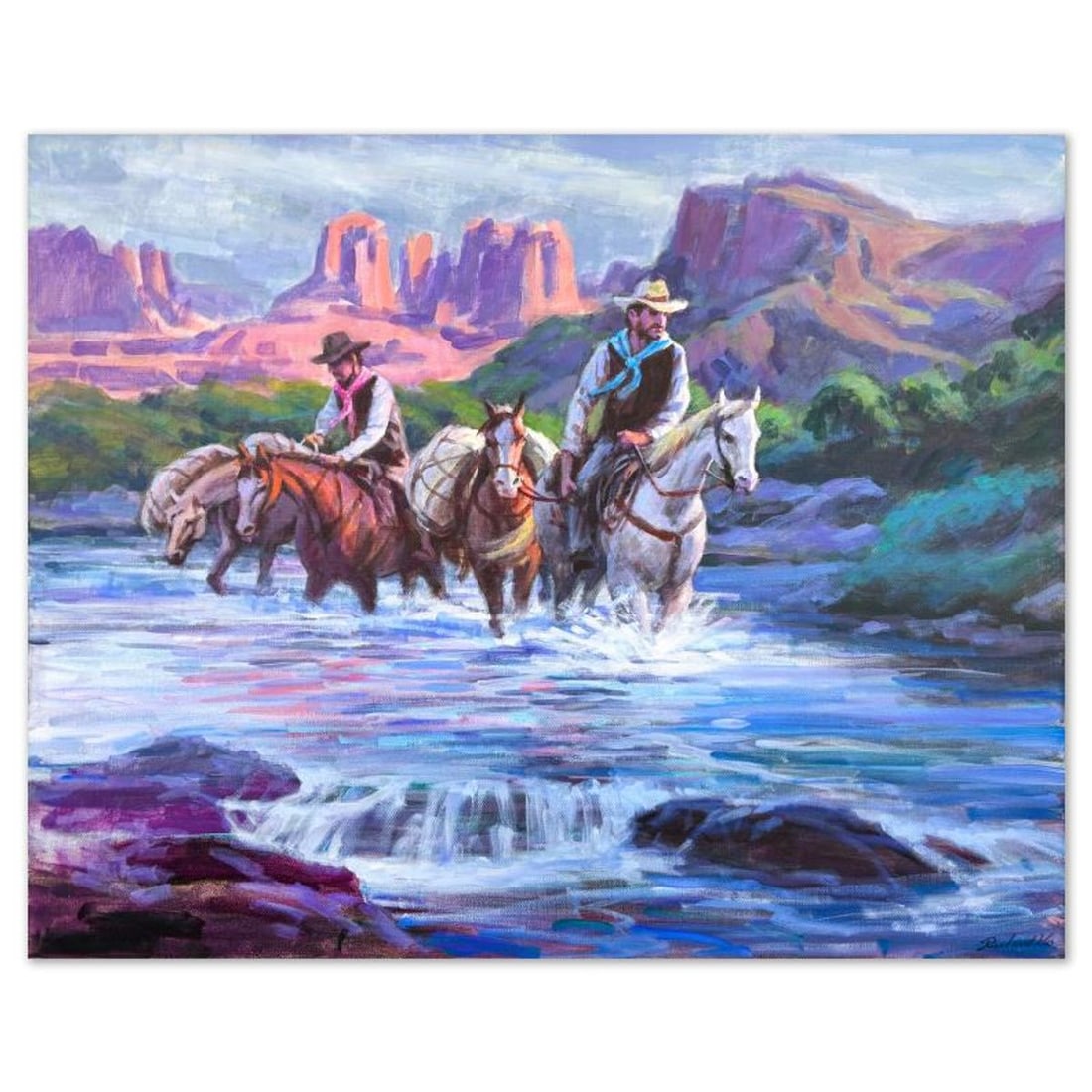 Richard Ho, "Bck to Sedona" Original Acrylic Painting on Canvas, Hand Signed with Letter of: Bck to Sedona is an original acrylic painting on stretched canvas by Richard Ho, hand signed by the artist. Includes Letter of Authenticity. Measures approx. 24" x 30" (image).