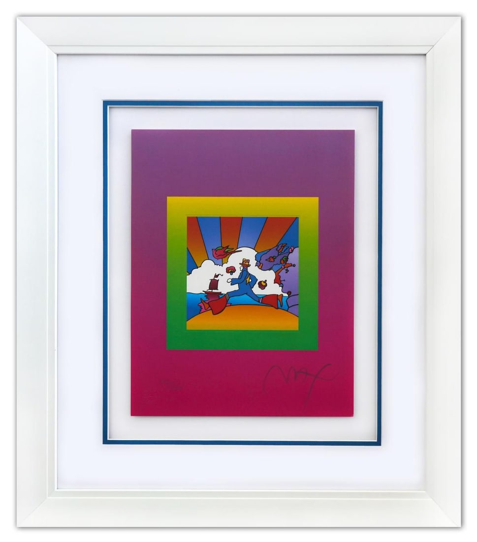 Peter Max- Original Lithograph "Cosmic Runner on Blends": Artist: Peter Max. Medium: Original Lithograph. Title: Cosmic Runner on Blends. Size: 13" x 10". Measures approx. 23" x 20" (framed). Signature: Hand Signed and Numbered by the artist. Certificate of 