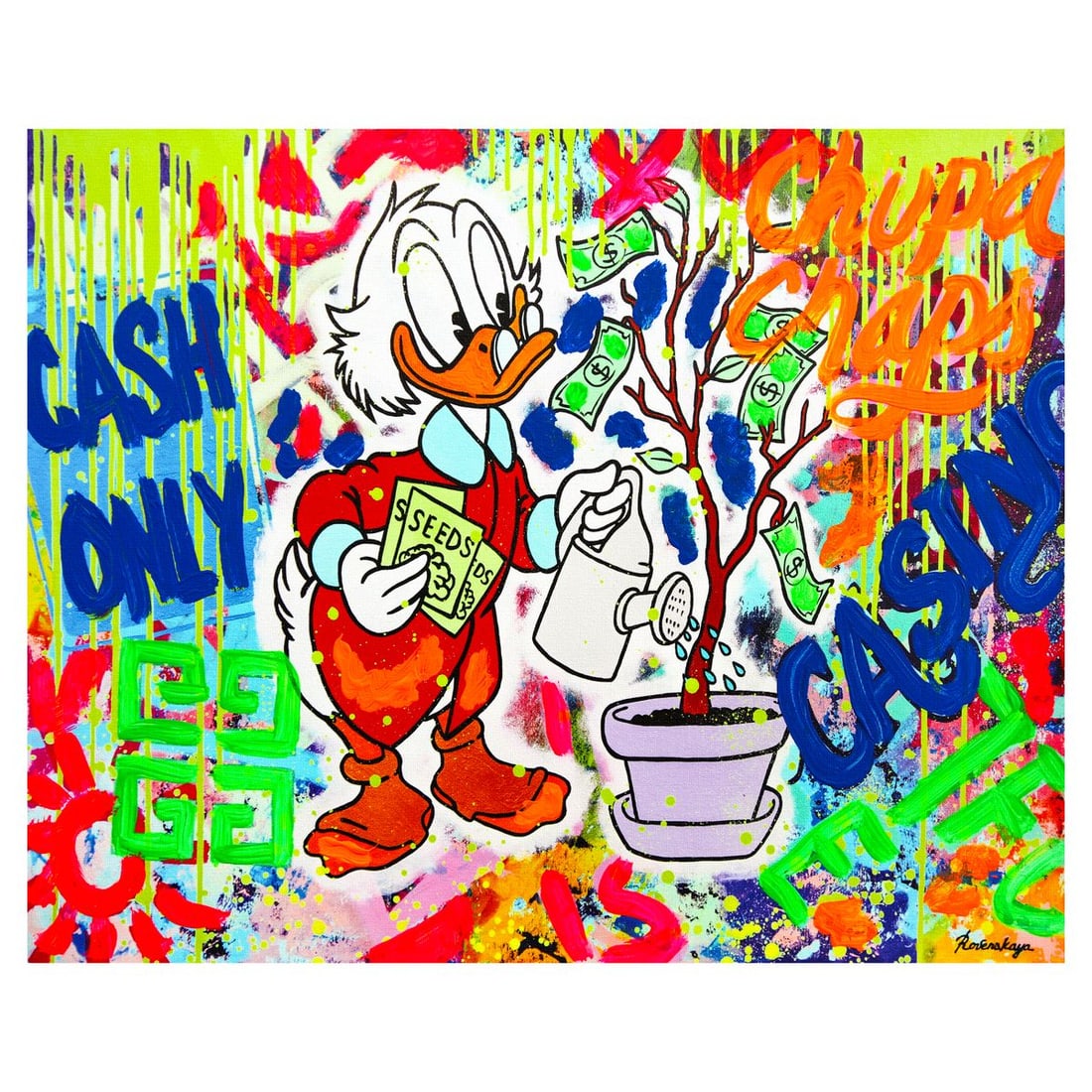 Nastya Rovenskaya- Mixed Media on Canvas "Duck Tales of Love & Loo": Artist: Nastya Rovenskaya. Medium: Mixed Media on Canvas. Title: Duck Tales of Love & Loo. Size: 16" x 20". Signature: Hand signed. Certificate of Authenticity: Is included. Reference#: 49413.