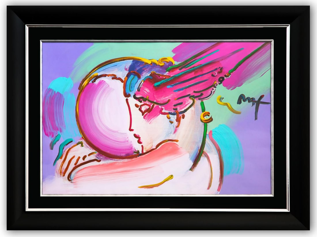 Peter Max- Original Mixed Media "Peace 2000: I Love the World": Artist: Peter Max. Medium: Original Mixed Media. Title: Peace 2000: I Love the World. Size: 24" x 36". Measures approx. 34" x 46" (framed). Signature: Hand Signed by the artist. Certificate of Authent