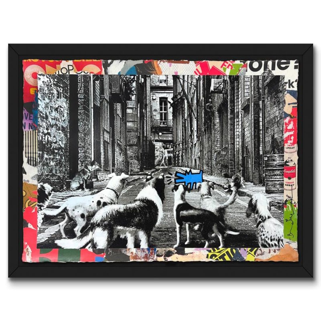 Mr Brainwash, "Alley Dogs - Blue" Framed Unique (UNQ) Mixed Media, Hand Signed with Certificate of: Alley Dogs - Blue is a unique (UNQ) mixed media on deckle edge paper by Mr Brainwash, hand signed by the artist. This piece comes custom framed. Includes Certificate of Authenticity. Measures approx. 
