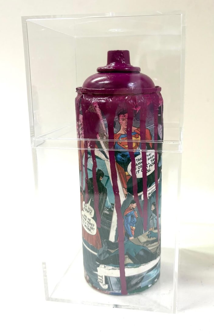 E.M Zax- 1/1 unique collage and paints on artist used spray can: Artist: E.M Zax. Medium: 1/1 unique collage and paints on artist used spray can. Size: 4" x 8". Signature: Hand Signed. Additional: Displayed in lucite box Size: 4x4x8. Reference#: 25178.