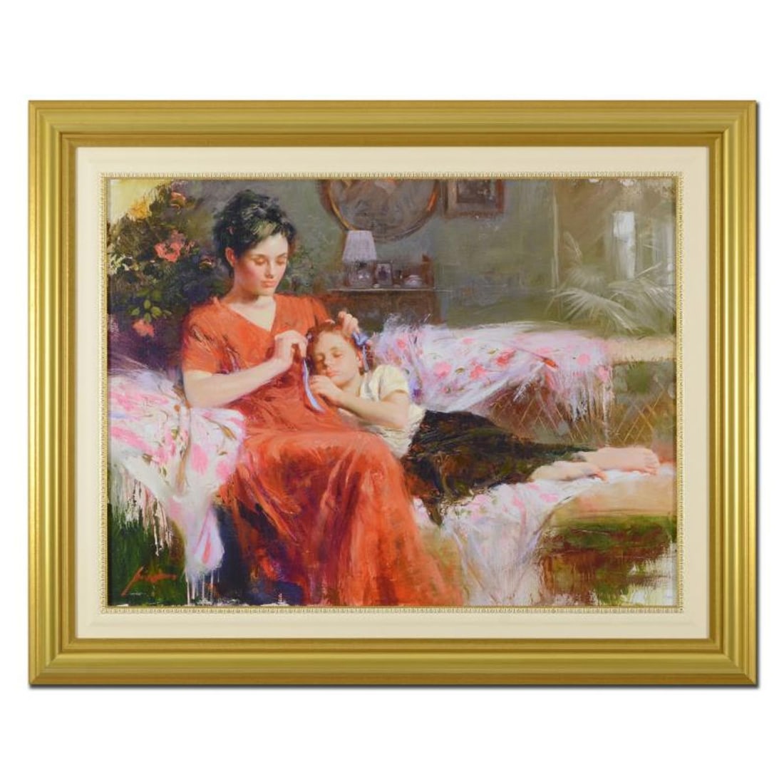 Pino (1939-2010), "Sweet Love" Framed Limited Edition Hand Embellished Giclee on Canvas. Numbered: Pino's portraits allow glimpses into intensely personal, intimate spaces, conveying emotion through rich, warm color and sensual brushwork. "Sweet Love" is a hand embellished limited edition giclee on