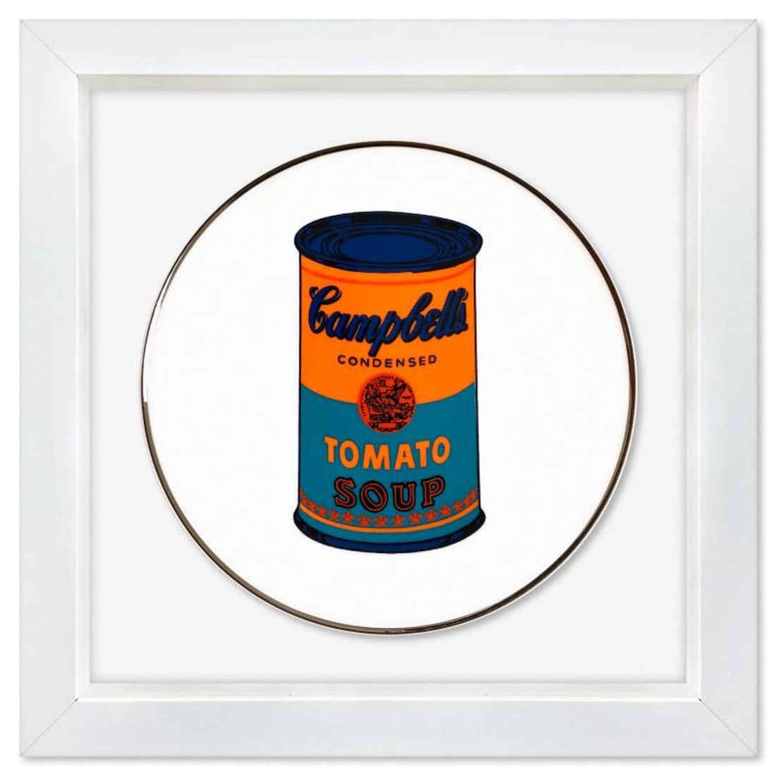 Andy Warhol (1928-1987), "Campbell (Orange/Blue)" Framed Limoges Porcelain Plate.: Campbell (Orange/Blue) is a Limoges porcelain plate bearing the plate signature inverso of Andy Warhol (1928-1987). This plate is custom framed and floated on linen. Measures approx. 13.5" x 13.5" (fr