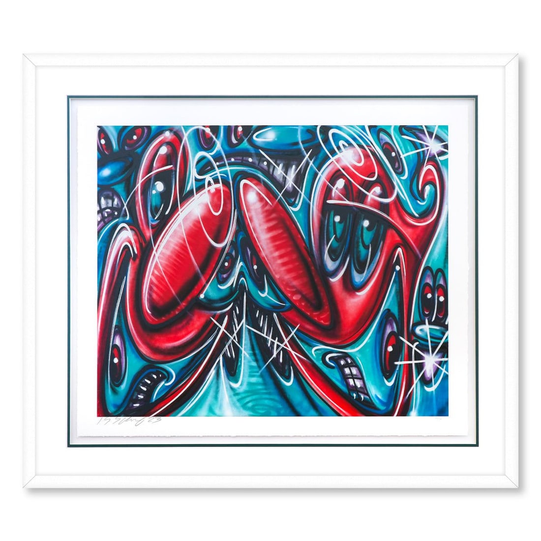 Kenny Scharf- Silkscreen on Archival Deckled Edge Paper "NEWAZY": Artist: Kenny Scharf. Medium: Silkscreen on Archival Deckled Edge Paper. Title: NEWAZY. Size: 25" x 29". Measures approx. 33" x 37" (framed). Signature: Hand signed and numbered. Certificate of Authen