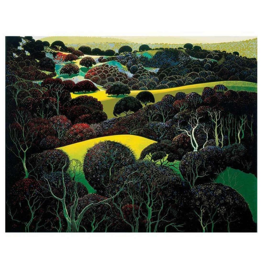 Eyvind Earle (1916-2000), "Santa Ynez Memories" Limited Edition Serigraph on Paper; Numbered & Hand: Santa Ynez Memories is a limited edition serigraph on paper by Eyvind Earle (1916-2000). The piece is numbered, hand-signed by the artist, and accompanied by a certificate of authenticity. Measures ap