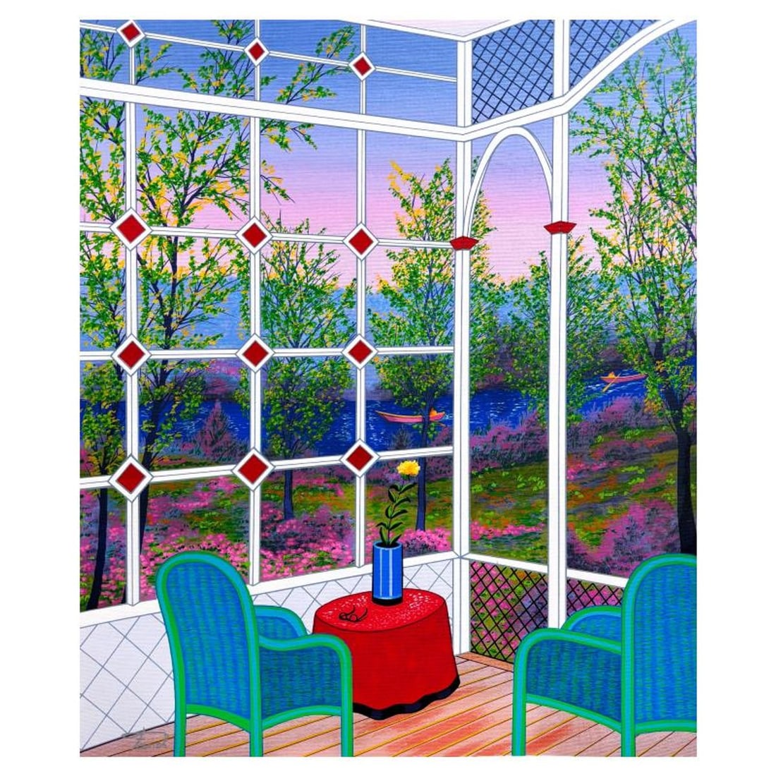 Fanch Ledan, "Patio sur Riviere" Limited Edition Serigraph on Canvas, AP Numbered and Hand Signed: Patio sur Riviere is a limited edition serigraph on canvas by Fanch Ledan, AP numbered and hand signed by the artist. Includes Certificate of Authenticity. Measures approx. 27" x 22.5" (image).