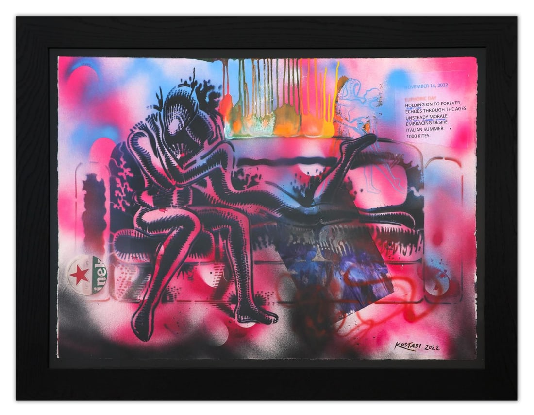 Mark Kostabi- Original Mixed Media on Paper "Echoes of Holding, 2022": Artist: Mark Kostabi. Medium: Original Mixed Media on Paper. Title: Echoes of Holding, 2022. Size: 30" x 40". Measures approx. 38" x 52" (framed). Signature: Hand Signed by the artist. Certificate of 