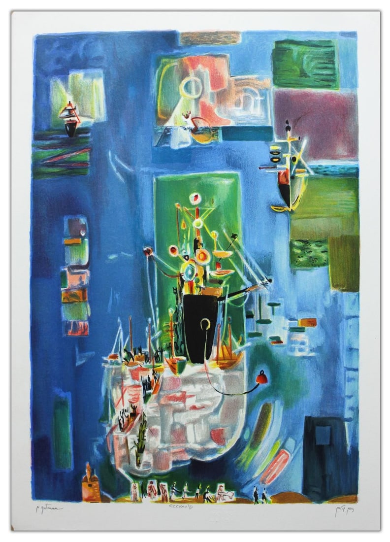 Nachum Gutman- Original Lithograph "Blue Ships": Artist: Nachum Gutman. Medium: Original Lithograph. Title: Blue Ships. Size: 27.5" x 20". Signature: Hand Signed and Numbered by the Artist. Certificate of Authenticity: Is Included. Reference#: 21264
