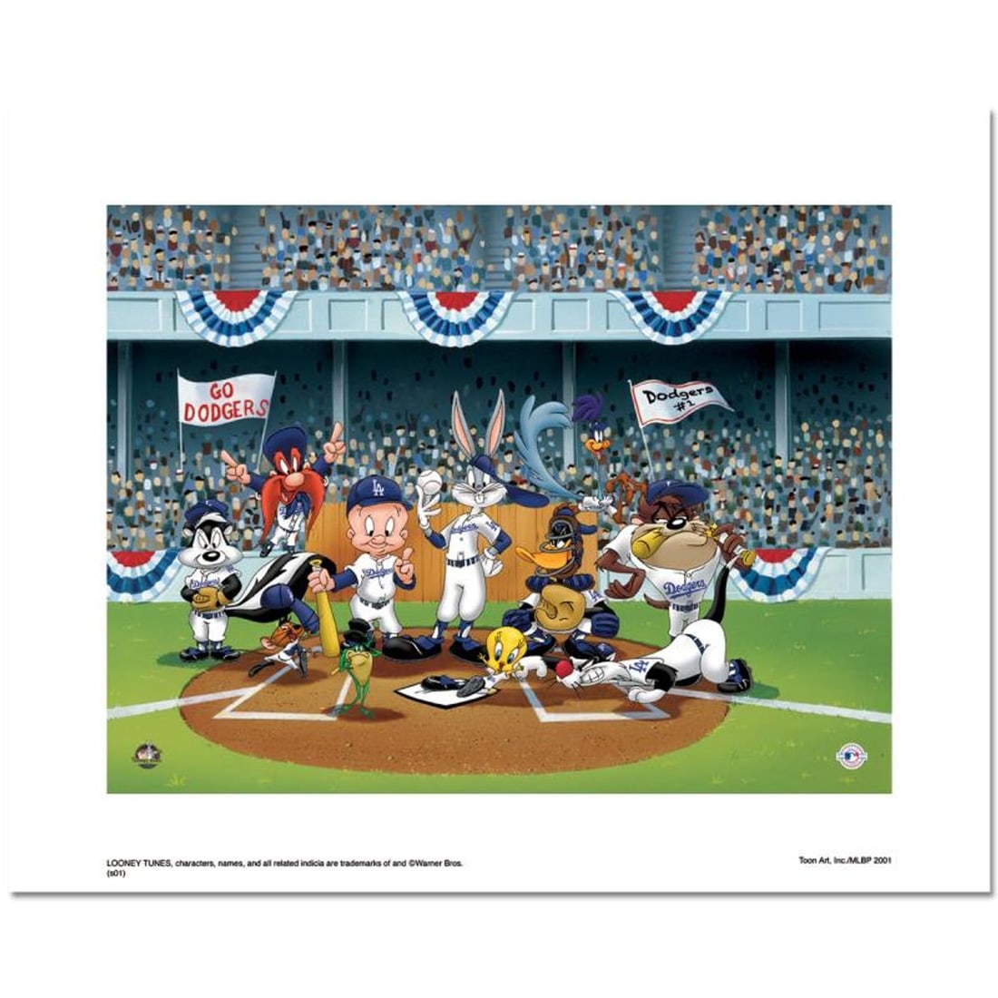 Line Up At The Plate (Dodgers) is a Limited Edition Giclee from Warner Brothers with Hologram Seal: Line Up at the Plate (Dodgers) is a limited edition giclee on paper from Warner Brothers featuring iconic Looney Tunes characters in Los Angeles Dodgers MLB uniforms. It comes numbered, with hologram 