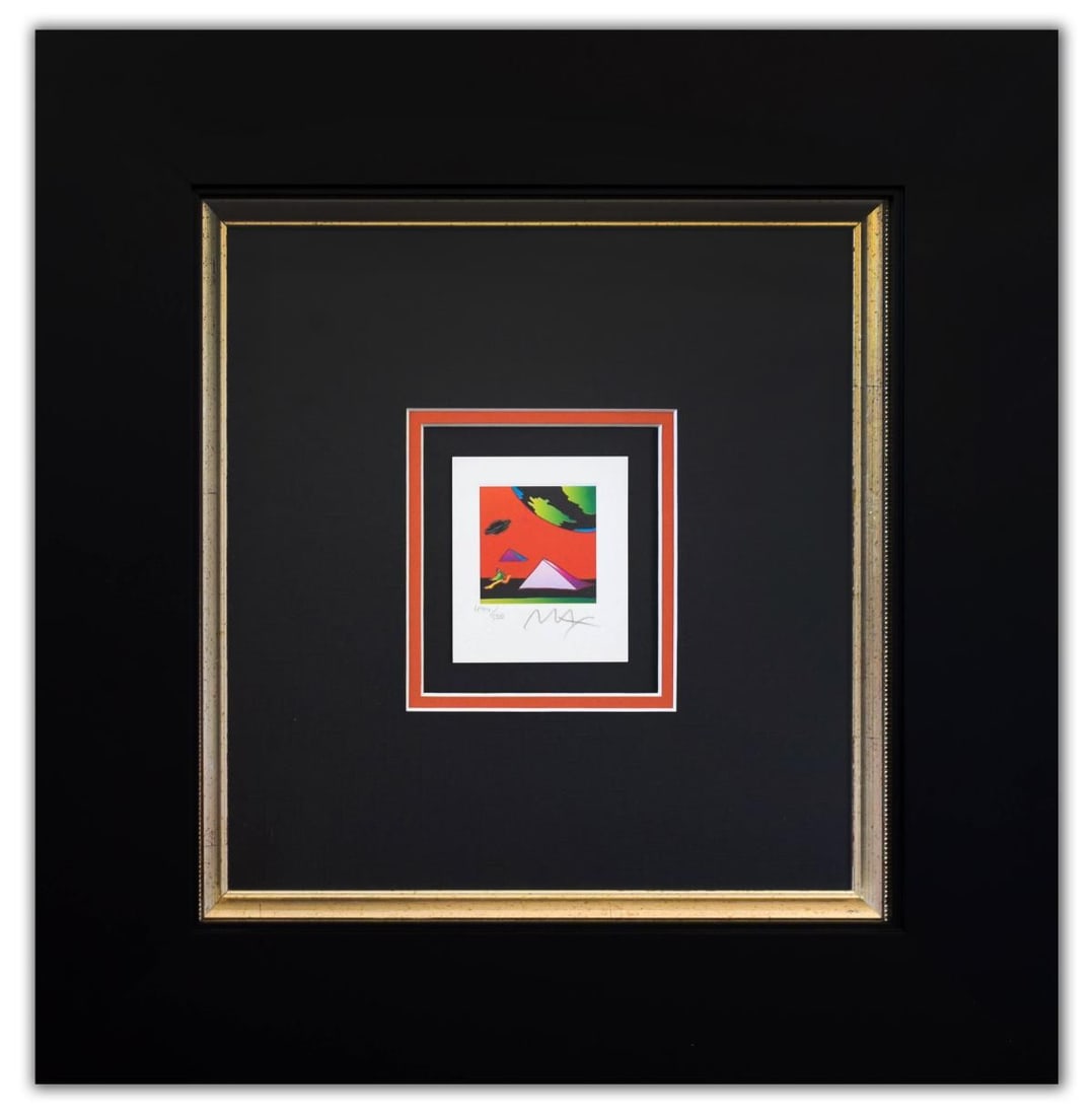 Peter Max- Original Lithograph "Jumper with Two Pyramids (Mini)": Artist: Peter Max. Medium: Original Lithograph. Title: Jumper with Two Pyramids (Mini). Size: 3.5" x 3". Measures approx. 18" x 17.5" (framed). Signature: Hand Signed and Numbered by the artist.