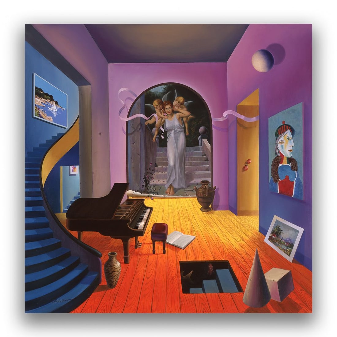 Alexander Astahov- Giclee on Canvas "Picasso and Angels": Artist: Alexander Astahov. Medium: Giclee on Canvas. Title: Picasso and Angels. Size: 16" x 16". Signature: Signed and numbered. Certificate of Authenticity: Is included.