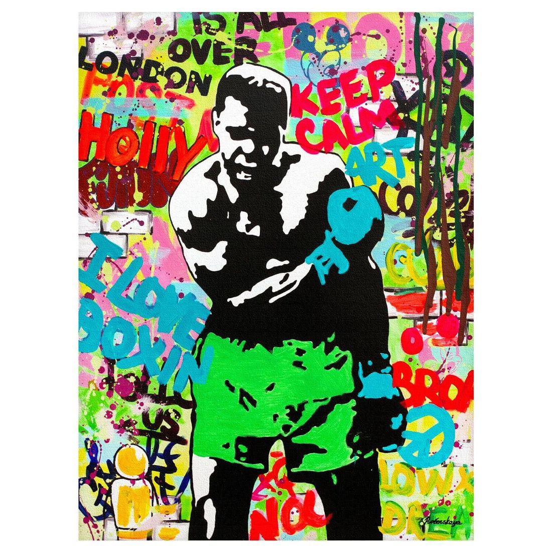 Nastya Rovenskaya- Original Mixed Media on Canvas "Muhammad Ali": Artist: Nastya Rovenskaya. Medium: Original Mixed Media on Canvas. Title: Muhammad Ali. Size: 40" x 30". Signature: Hand signed. Certificate of Authenticity: Is included. Reference#: 70934.