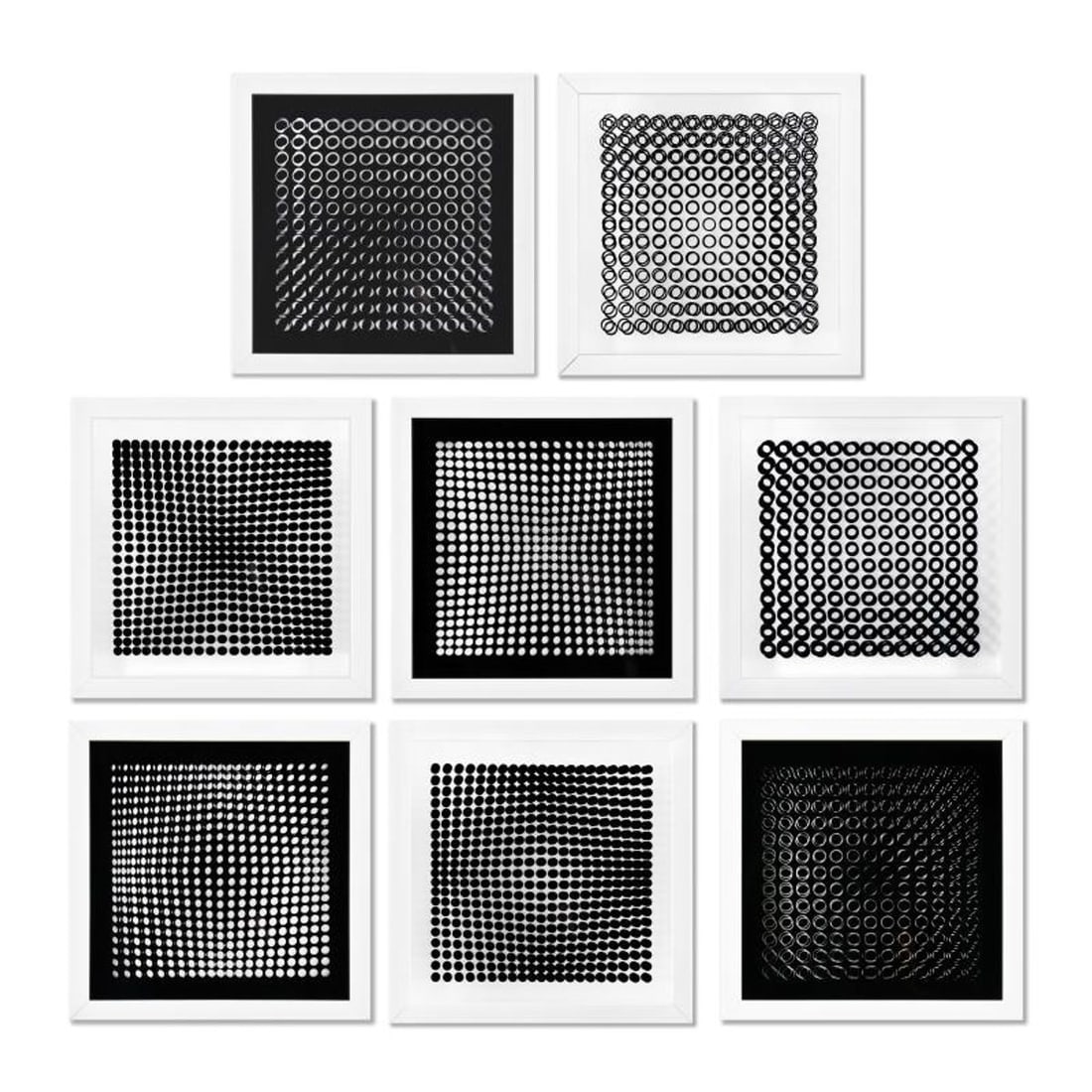 Victor Vasarely (1908-1997), "Trois Dimensions Optique de la serie Cinetiques (Set of 8)" Framed: Trois Dimensions Optique de la serie Cinetiques is a set of 8 dimensional artworks, published in 1973, by Victor Vasarely (1908-1997). These pieces come custom framed, with a letter of authenticity an